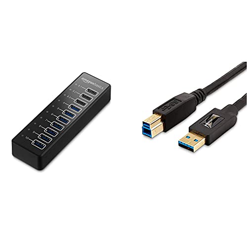 Amazon Basics - USB-Hub, USB-A 3.1 mit 10 Anschlüssen und Netzadapter - 65 W (20 V/3,25 A), Schwarz & USB 3.0 A-Stecker-B-Stecker-Kabel (1,8 m) von Amazon Basics