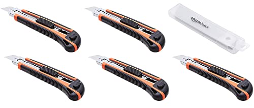 Amazon Basics Hochleistungs-Universalmesser, Holz mit einziehbarem ergonomischem Griff, 5er-Pack, Feststellklinge mehreren Positionen und 10 austauschbaren scharfen Klingen im Behälter, Orange/Schwarz von Amazon Basics