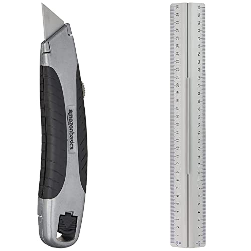 Amazon Basics - Universalmesser, einziehbare Klinge, weicher Griff, mit 3 Klingen & Wedo 525235 Lineal aus Aluminium 30 cm mit Griff für Rechts- und Linkshänder mit rutschsicherer Gummieinlage, silber von Amazon Basics