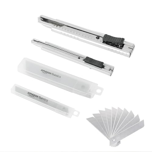 Amazon Basics Universalmesser mit automatischer Verriegelung, Zink-Legierung, 2er-Pack mit 20-teiligen zusätzlichen SK5-Klingen für präzises Schneiden, Silber von Amazon Basics