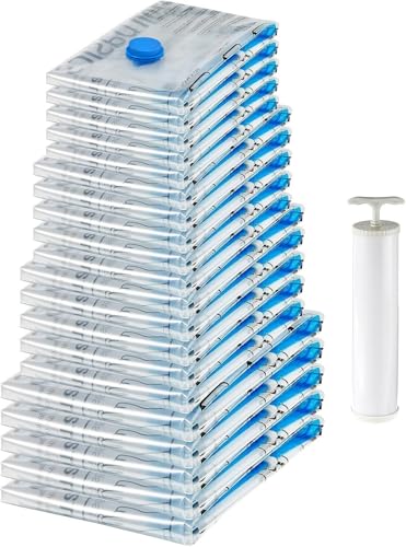 Amazon Basics Vakuum-Kompressionsbeutel Reißverschluss, Aufbewahrungsbeutel, mit Handpumpe, 20 Stück, Mehrere, Transparente von Amazon Basics