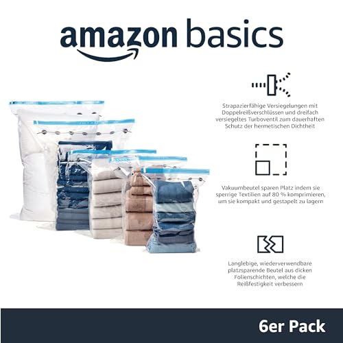 Amazon Basics Vakuumbeutel für Kleidung mit Luftdichtem Ventil und Handpumpe - Jumbo, 6er-Pack, Reißverschluss, Durchsichtig von Amazon Basics