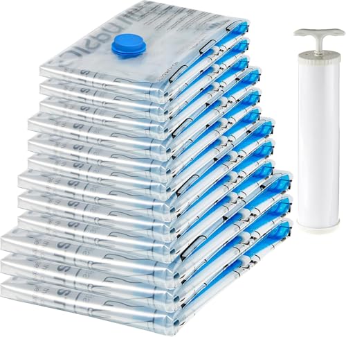 Amazon Basics Vakuumbeutel für Kleidung mit Luftdichtem Ventil und Handpumpe - Mehrere, 3 x Jumbo, 3 x Groß, 3 x Mittelgroß, 3 x Klein, 12er-Pack, Reißverschluss, Durchsichtig von Amazon Basics