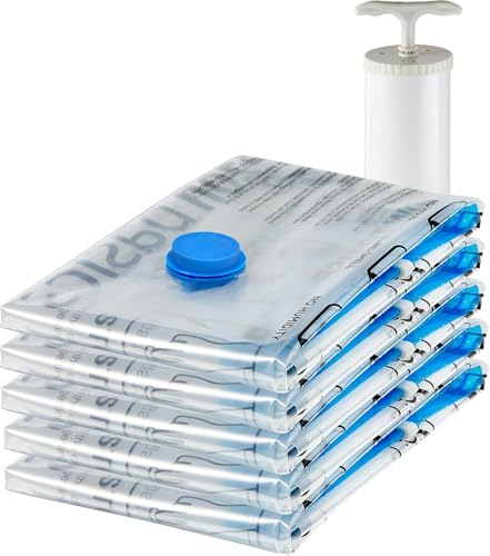 Amazon Basics Vakuumbeutel für Kleidung mit Luftdichtem Ventil und Handpumpe - Mittelgroß, 5er-Pack, Reißverschluss, Durchsichtig von Amazon Basics