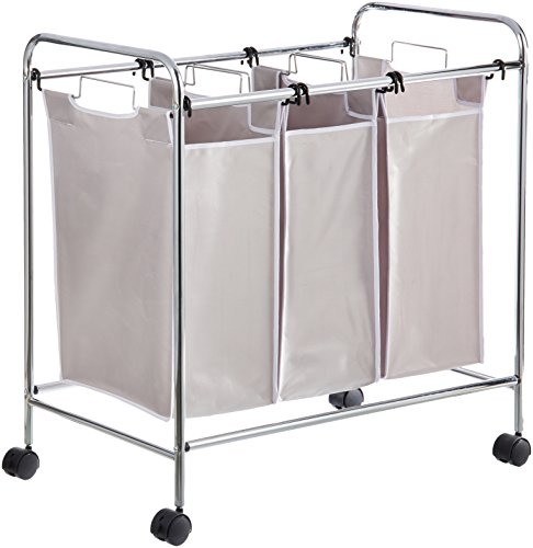 Amazon Basics Rechteckig Wäschesortierer mit 3 Taschen, 135 Liter Fassungsvermögen, Weiß, 78 x 46 x 86 cm von Amazon Basics