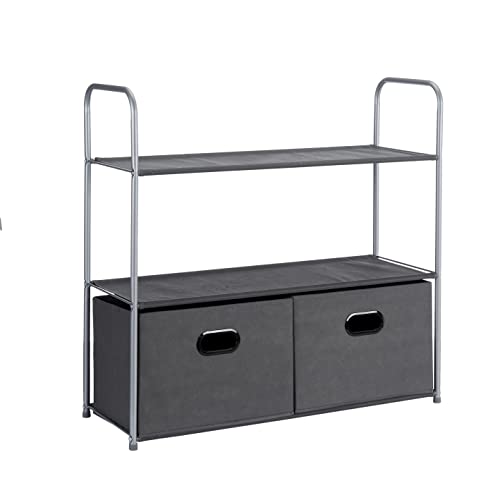 Amazon Basics Schrank-Organisationssystem mit Drei Regalböden aus Stoff und zwei Zusammenschiebbaren Oben Offenen Behältern, 32.7" x 12.2" x 31", Grau von Amazon Basics