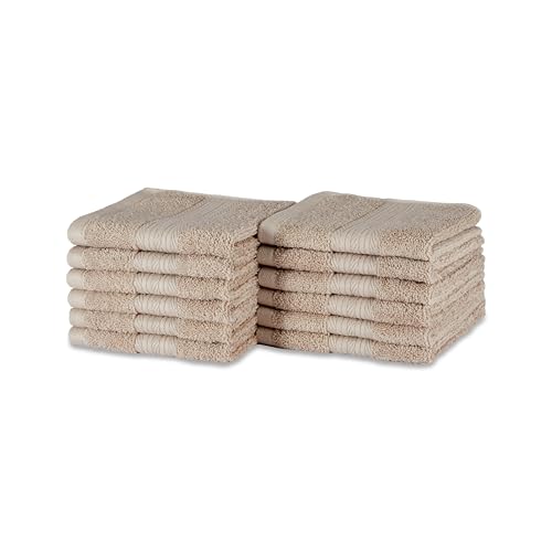 Amazon Basics Waschlappen aus Baumwolle, farbecht, 12 Stück, 30 x 30 cm, Taupe von Amazon Basics