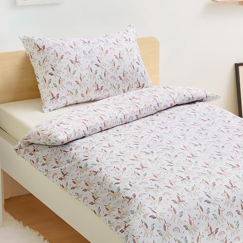 Amazon Basics Wendbarer Mikrofaser-Bettbezug für Kinder, 100 x 135 cm, mit 1 Kissenbezug (40 x 60 cm), Set für Babybett, Einhorn und Regenbogen von Amazon Basics