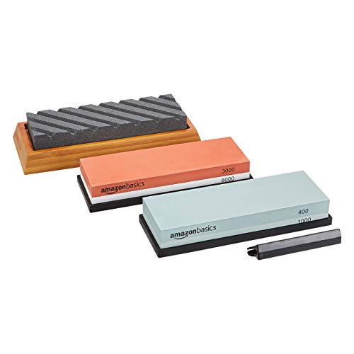 Amazon Basics Messerschärfstein-Set, 3 stück, doppelseitig, Körnung 400/1000 und 3000/8000, Abflachungsstein mit rutschfester Bambusunterseite, mehrfarbig, 22.5 x 15.2 x 7.3 cm von Amazon Basics