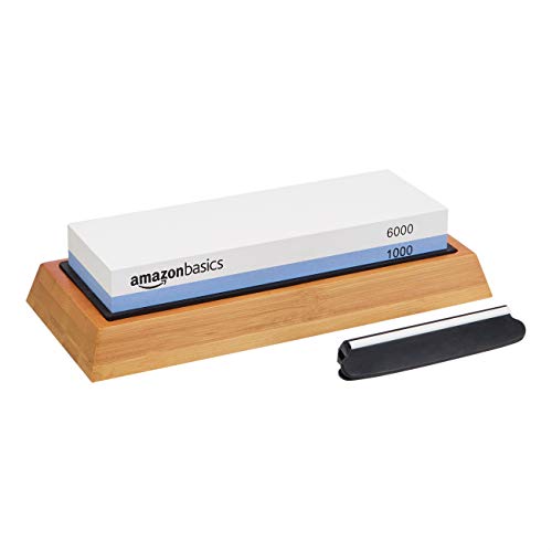 Amazon Basics Messerschärfstein, doppelseitig, Körnung 1000/6000, mit rutschfester Bambusunterseite, Schwarz, Blau und Weiß, 21,34 x 9,14 x 4,57 cm von Amazon Basics