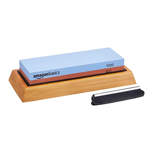 Amazon Basics Messerschärfstein, doppelseitig, Körnung 400/1000, mit rutschfester Bambusunterseite, 18 x 6.1 x 2.8 cm, Blau und Rot von Amazon Basics