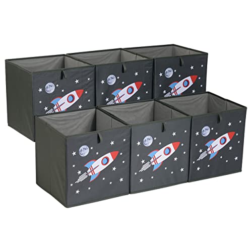 Amazon Basics Zusammenklappbare Aufbewahrungswürfel aus Stoff, 26,7 x 26,7 x 28 cm, Space Rockets, 6er-Pack von Amazon Basics