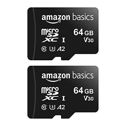 Amazon Basics MicroSDXC, mit SD Adapter, A2, U3, Lesegeschwindigkeit bis zu 100 MB/s, 64 GB (2 Stück), Schwarz von Amazon Basics