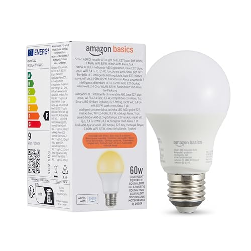 Amazon Basics smarte A60 LED-Glühbirne, dimmbar, E27, sanftes Weiß, 2,4 GHz WLAN, 8.5 W, funktioniert nur mit Alexa, 1 Stück von Amazon Basics