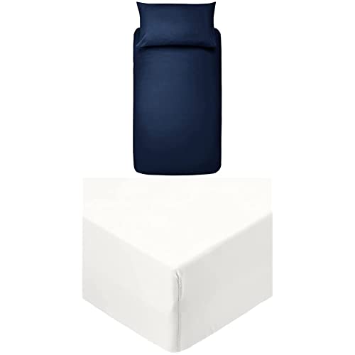 Amazon Basics AmazonBasics Microfibre Duvet Set, Navy Blue, 135cm x 200cm / 50cm x 80cm and Microfiber Fitted Single Sheet - Single Size (90 x 190 x 30cm), Bright White von Amazon Basics