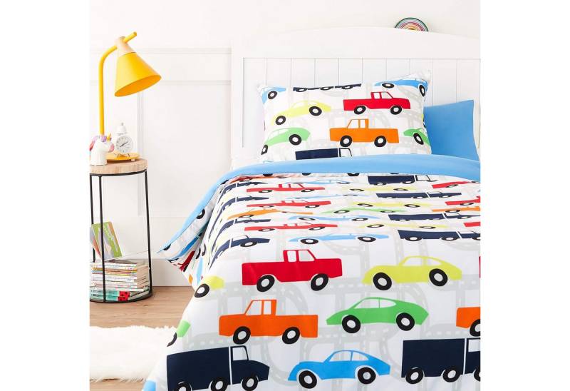 Amazon Basics Kinderbettwäsche Kinder-Bettwäsche-Set, Cars-Design, Mikrofaser, pflegeleicht., 100 % Polyester-Mikrofaser, Hochwertige Mikrofaser, pflegeleicht langlebig. von Amazon Basics