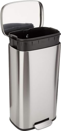 Amazon Basics 12L Rechteckig Mülleimer für die Küche mit Stahlrohrpedal - 7.9 gallons Sanft Schließend mit Deckel, für Küche, Bad oder Büro, Satiniertes Nickel von Amazon Basics