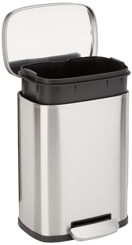 Amazon Basics 5-L-Mülleimer für die Küche mit Stahlrohrpedal - Sanft Schließend mit Deckel, für Küche, Bad oder Büro, Rechteckig, Satiniertes Nickel, 1.3 Gallon von Amazon Basics