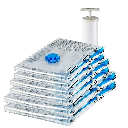 Amazon Basics Vakuumkompressions-Aufbewahrungsbeutel mit Handpumpe, Reißverschluss, 6er-Pack (2 x Jumbogröße, 2 x Größe L, 2 x Größe M), Mehrere, Farblos, Transparent von Amazon Basics