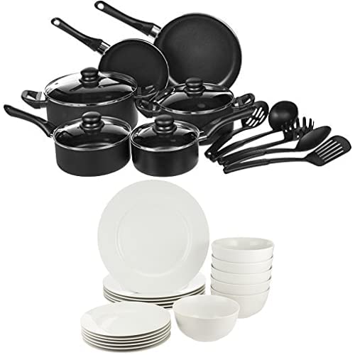 Amazon Basics - 15-teiliges Kochgeschirr mit Antihaftbeschichtung & Geschirrservice, 18-teilig, für 6 Personen von Amazon Basics