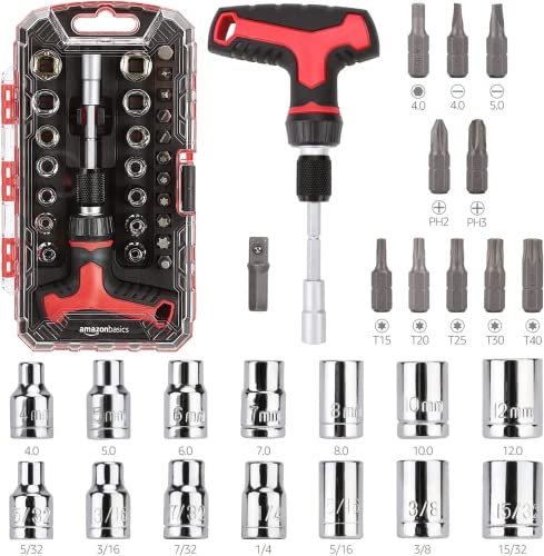 Amazon Basics Magnetisches Ratschen-Schlüssel-Set mit T-Griff und Schraubendreher-Set, 27 Stück, Schwarz Amazon Basics Magnetisches Ratschen-Schlüssel-Set mit T-Griff und Schraubendreher-Set, 27 Stück, Schwarz von Amazon Basics
