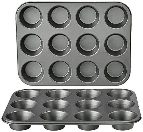 Amazon Basics - Rund Backblech für Muffins, antihaftbeschichtet, Karbonstahl, 2er-Pack, Grau, 13.9"x10.55"x1.22" von Amazon Basics