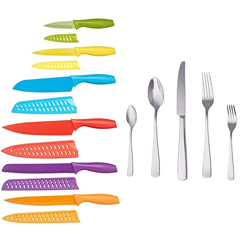 Amazon Basics - Essbesteck-Set mit Eckiger Rand, Edelstahl, 20-teiliges Set, für 4 Personen & Messer-Set, bunt, 12-teilig von Amazon Basics