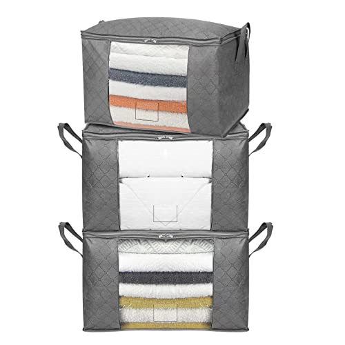 Amazon Basics Faltbare Aufbewahrungstaschen mit großem Sichtfenster und Tragegriffen, Würfel mit Reißverschluss, 3 Stück, Grau von Amazon Basics