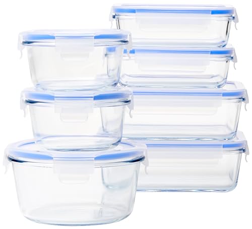 Amazon Basics - Frischhaltedosen aus Glas für Lebensmittel, 14er-Pack (7 Behälter + 7 Deckel), BPA-freie (7er Pack) , Transparent, Blau von Amazon Basics