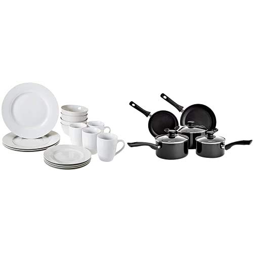Amazon Basics Geschirrservice, 16-teilig, für 4 Personen + Amazon Basics 5-teiliges Kochgeschirr-Set, nicht-haftend, für Induktionsherde, mit Deckeln von Amazon Basics