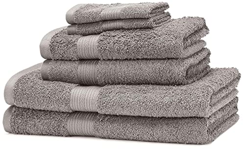 Amazon Basics Handtuch-Set, ausbleichsicher, 6 Stück, 2 Badetuch , 2 Handtücher und 2 Waschlappen, 100% Baumwolle 500g/m², 140 x 70 cm, Grau von Amazon Basics