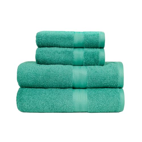 Amazon Basics – 4 Stück Badetuch-Set für Badezimmer, lichtbeständig, 100 % Baumwolle, weich und saugfähig, 2 Badetücher und 2 Handtücher, Blaugrün von Amazon Basics
