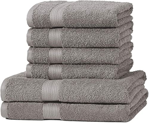 Amazon Basics Handtuch-Set, ausbleichsicher, 6 Stück, 2 Badetuch (140 x 70 cm) und 4 Handtücher (100 x 50 cm) , 100% Baumwolle 500g/m², Grau von Amazon Basics