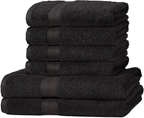 Amazon Basics Händehandtuch ausbleichsicher, 6Stück, 2 Badetücher und 4 Handtücher, schwarz, 100 Prozent Baumwolle 500g/m² von Amazon Basics