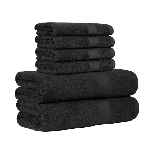 Amazon Basics – 6 Stück Handtuch-Set für Badezimmer, lichtbeständig, 100 % Baumwolle, weich und saugfähig, 2 Badetücher und 4 Händehandtuch, Schwarz von Amazon Basics