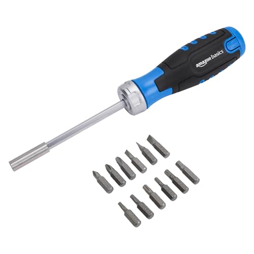 Amazon Basics Magnetischer Ratschen-Schraubendreher, 12 Stück, 1er-Pack, Blau/Schwarz/Silber von Amazon Basics