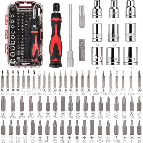 Amazon Basics Ratschenschlüssel magnetisch und PräzisionsSchraubendreher für Elektronik, 73 stück, 1er-Pack, Schwarz/Silber/Rot von Amazon Basics