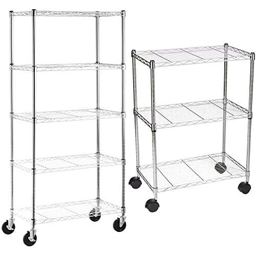 Amazon Basics Regal mit 5 Regalböden, mit Rädern, Chrom & Regal mit Rollen und 3 Regalböden - Chrom von Amazon Basics