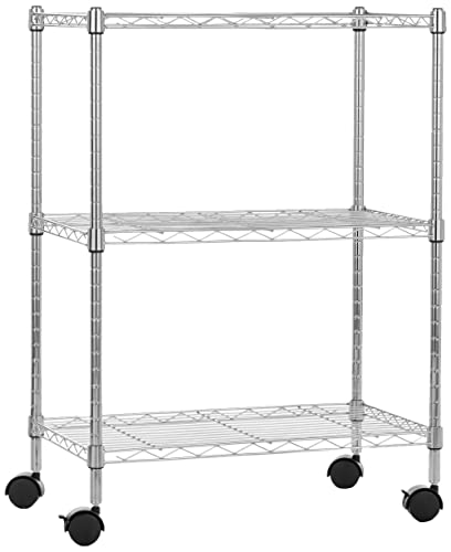 Amazon Basics 3 Regalböden, schmal auf Rollen mit Höhenverstellbaren Einlegeböden und Verstellbaren Nivellierfüßen - Max. Gewicht 340 kg, Chrom, 34 cm D x 58.9 cm W x 83.2 cm H von Amazon Basics