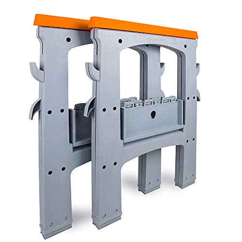 Amazon Basics Sägebock, tragbar, faltbar, rechteckig, 408 kg Kapazität, mit Aufbewahrungshaken, einfach zu bedienen, Grau, Orange, 2er-Pack von Amazon Basics