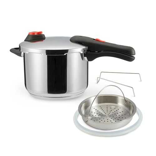 Amazon Basics Schnellkochtopf aus Edelstahl - mit Dampfgarer, induktionsgeeignet - 6 l, Silber von Amazon Basics