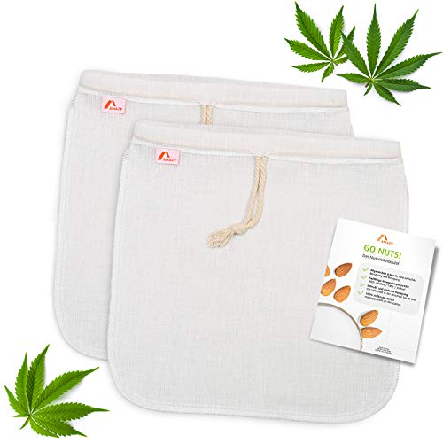 Amazy 2er Set Nussmilchbeutel aus Hanf inkl. Beileger mit Anwendungstipps | 100% natürlich – Vielseitiges Passiertuch zur Zubereitung von Nussmilch, Gemüsesäften und Smoothies (2 Stück | 30 x 30 cm) von Amazy