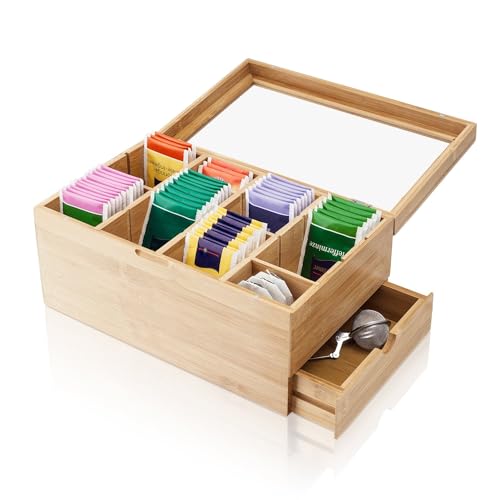 Amazy Bambus Teebox für Teebeutel (extra groß) - 31 x 19 x 14,5cm - Dekorative hölzerne Teeaufbewahrungsboxen für Teebeutel mit 8 verstellbaren Unterteilungen und Schubladen von Amazy