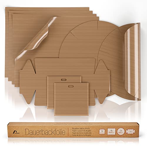 Amazy Dauerbackfolie für Backöfen (9er-Set) Premium wiederverwendbare Backpapier hitzebeständig, und antihaftbeschichtet (4 x 36 x 42 cm, 2 x Ø 40 cm, 1 x 43 x 24 cm, 2 x Toastertasche 16 x 16,5 cm) von Amazy