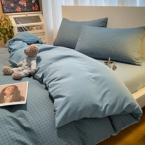 AmbAYZ Bedding Bettwäsche Set Bettbezug und Bettlaken Kopfkissenbezüge,Einfaches Geometrisches Karo-Bettwäsche-Set, Weich, Pflegeleicht, Wendbar, Mit Reißverschluss, Einzel-Doppelbett,Blau-02 von AmbAYZ