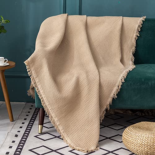 AmbAYZ Extra Große Überwurfdecke, Multifunktionales Dekoratives Sofa-Handtuch, Einfache Einfarbige Waffel-Plaid-Quasten-Überwürfe Für Schlafsofa, Sessel,Khaki,180 X 300 cm von AmbAYZ