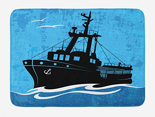 Ambesonne Badematte, Fischerboot auf gewelltem Meer mit Grungehimmel, Plüsch-Badezimmerdekormatte mit rutschfester Unterseite, 76,7 x 50,8 cm, Himmelblaugrau von Ambesonne