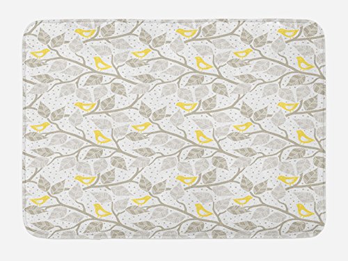 Ambesonne Badematte, abstrakte Äste mit Blättern, Vögeln und Punkten, Frühlings-Natur, Plüsch-Badezimmerdekormatte mit rutschfester Unterseite, 76,7 x 50,8 cm, Grau Gelb und Weiß von Ambesonne