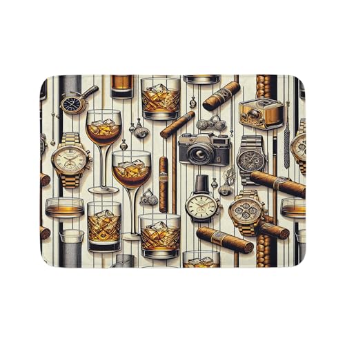 Ambesonne Badematte, männliches Design mit Eis-Whiskey-Uhren, Zigarren-Retro-Fotokamera, Plüsch-Badezimmerdekor-Matte mit rutschfester Unterseite, 76,7 x 50,8 cm, Bernsteinbraun und Taupe von Ambesonne