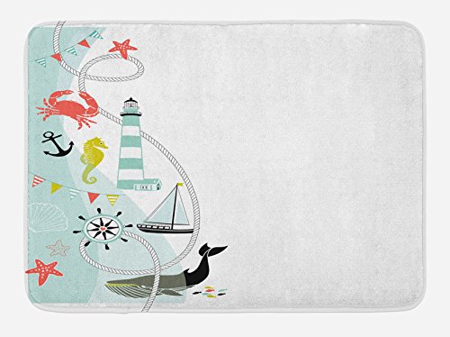 Ambesonne Badematte, nautisches Bordüren-Design mit maritimen Elementen, Tiere, Leuchtturm, Wal, Anker-Rad, Plüsch-Badezimmer-Dekormatte mit rutschfester Unterseite, 76,7 x 50,8 cm, mehrfarbig von Ambesonne